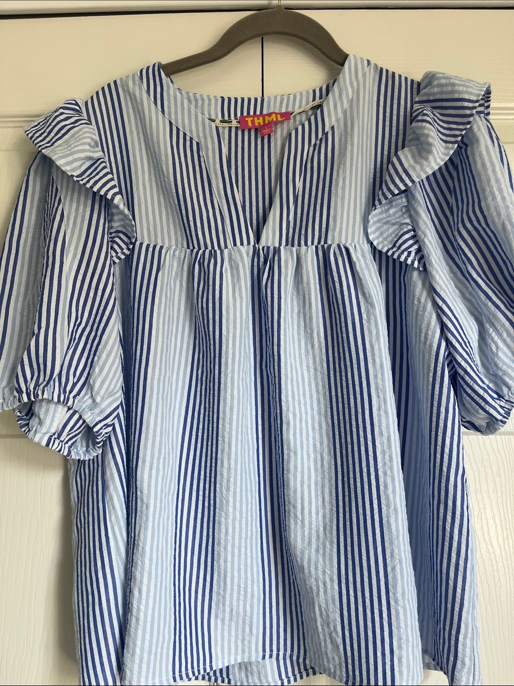 THML Blue & White Striped Puff Sleeve Blouse